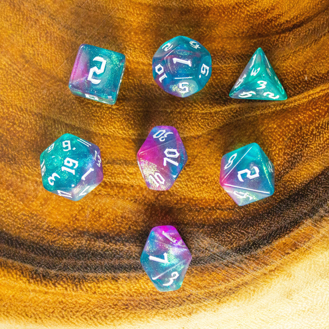 Blue and Purple Fog DnD Dice. Channel the ethereal with these captivating, easy to read premium dice. Give your game a bit of sparkle. - MysteryDiceGoblins