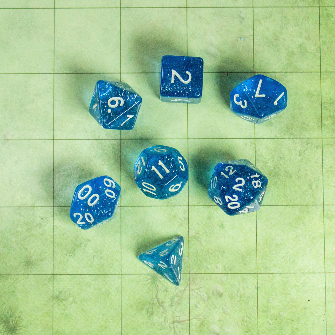 Royal Blue Shimmer Dice With Gold Nunbers DnD Dice, roll with sophistication with these blue polyhedral dice - MysteryDiceGoblins