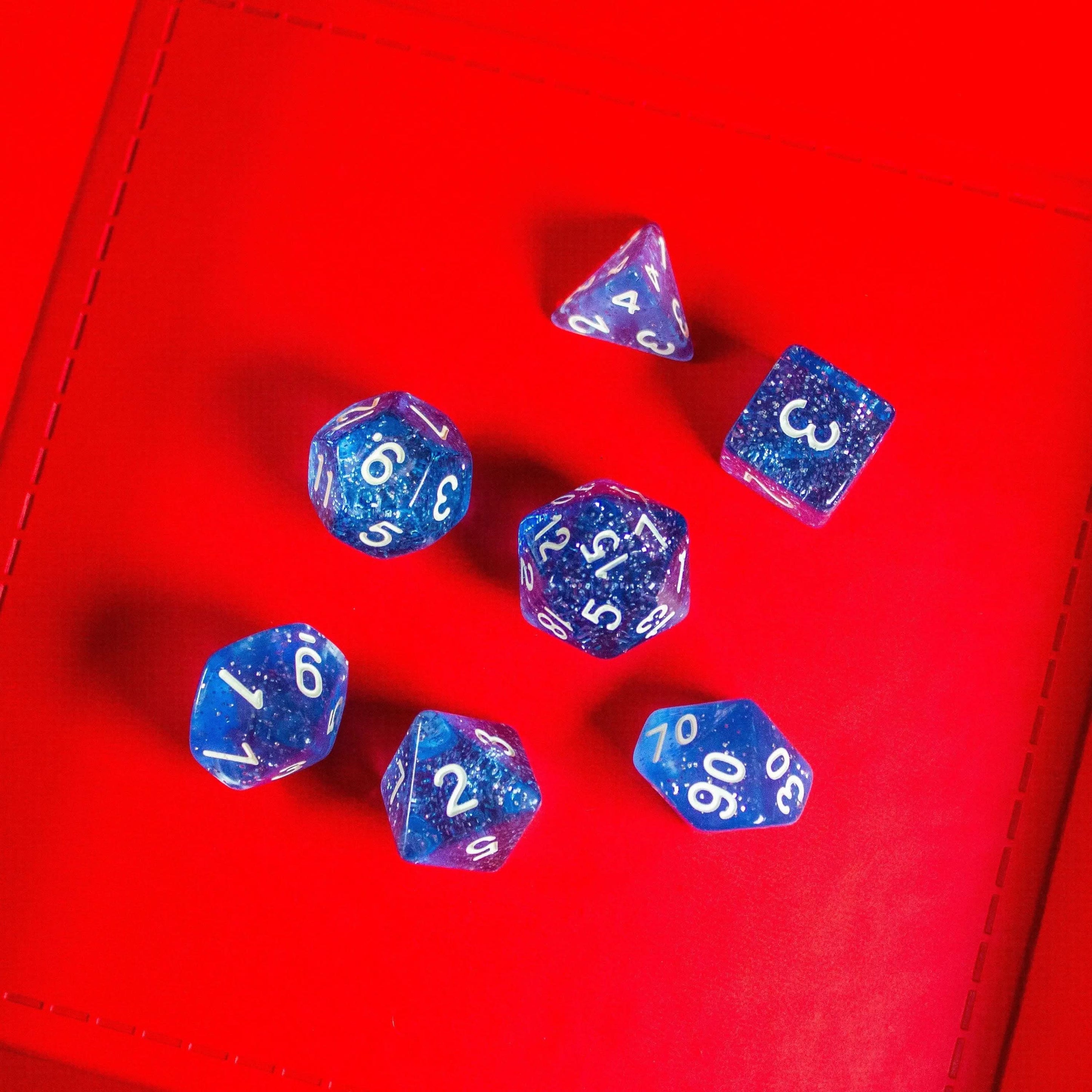 Royal Blue Shimmer Dice With Gold Nunbers TTRPG  Dice, roll with sophistication with these blue polyhedral dice - MysteryDiceGoblins