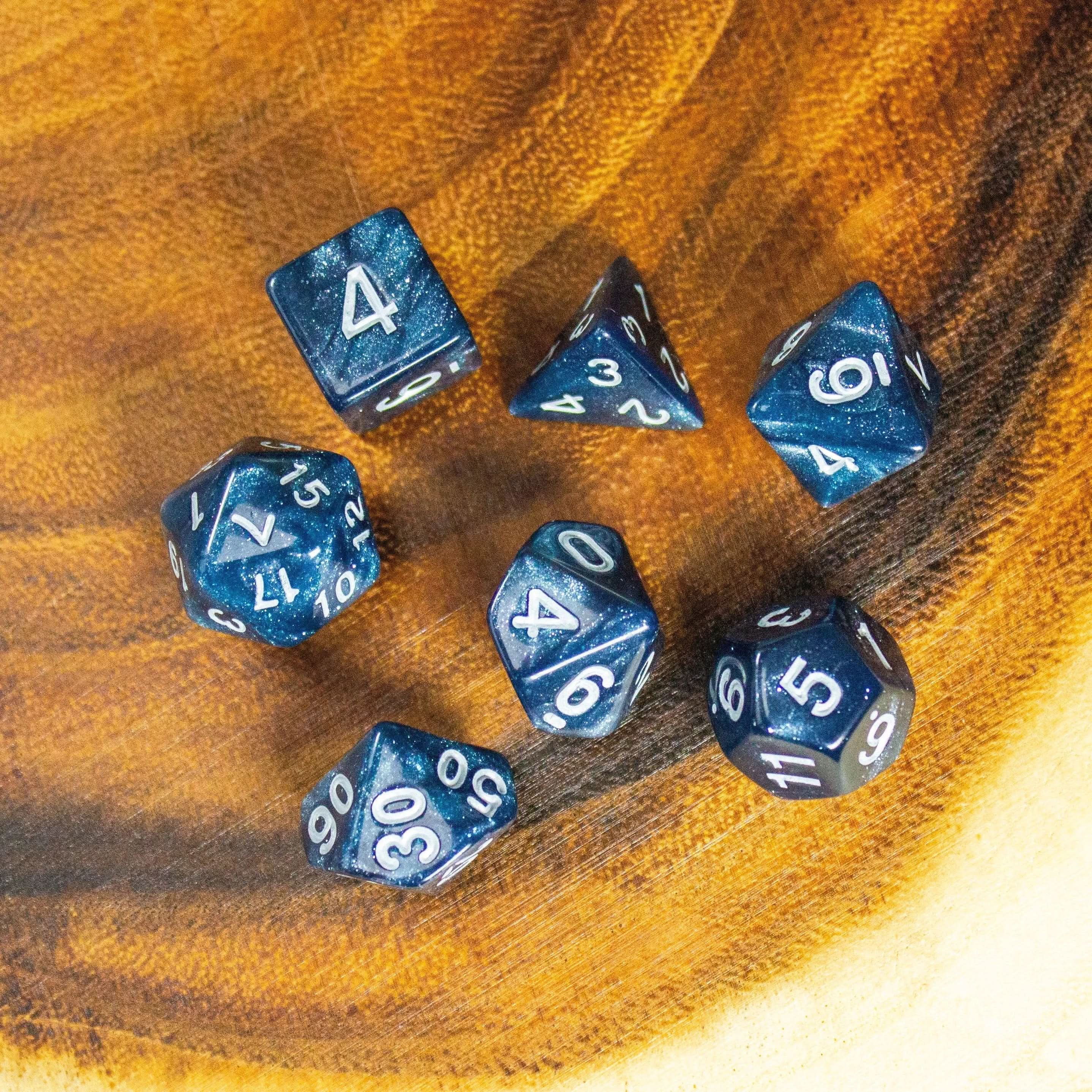 Blue Abyss Shimmer Dice With White Numbers TTRPG  Dice, roll with sophistication with these blue polyhedral dice - MysteryDiceGoblins