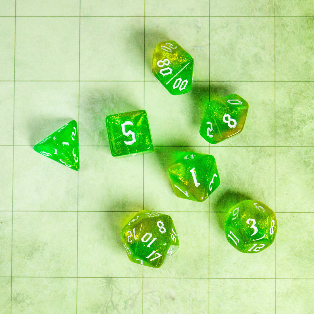 Lime Green Fog DnD Dice. Channel the ethereal with these captivating, easy to read premium dice. Give your game a bit of sparkle. - MysteryDiceGoblins