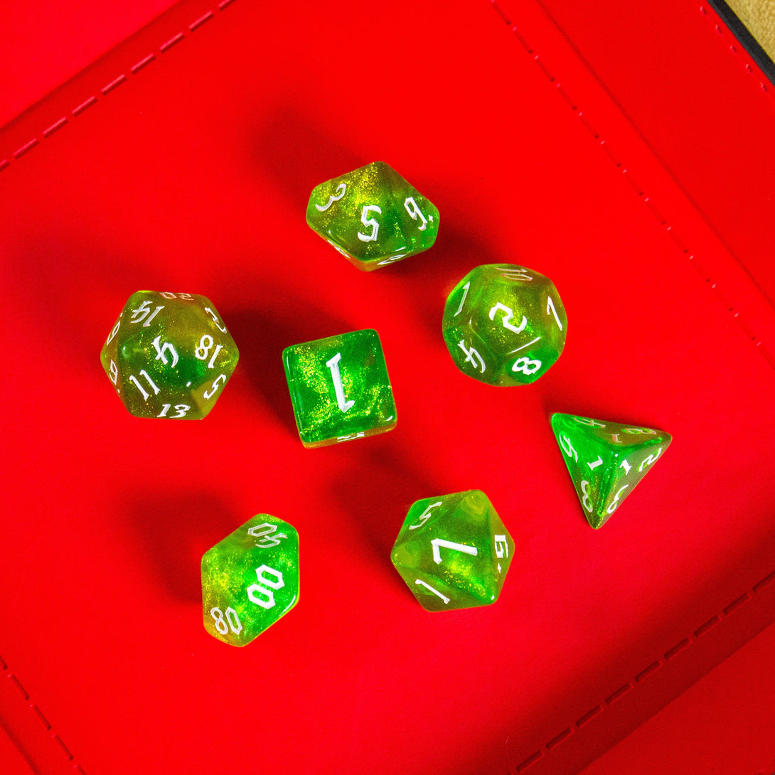 Lime Green Fog DnD Dice. Channel the ethereal with these captivating, easy to read premium dice. Give your game a bit of sparkle. - MysteryDiceGoblins