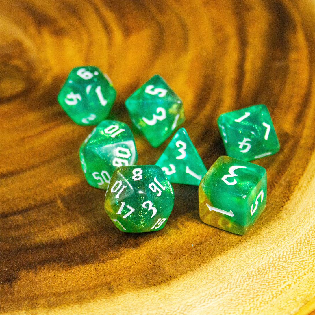 Forest Green Fog DnD Dice. Channel the ethereal with these captivating premium dice. Give your game a bit of sparkle. - MysteryDiceGoblins